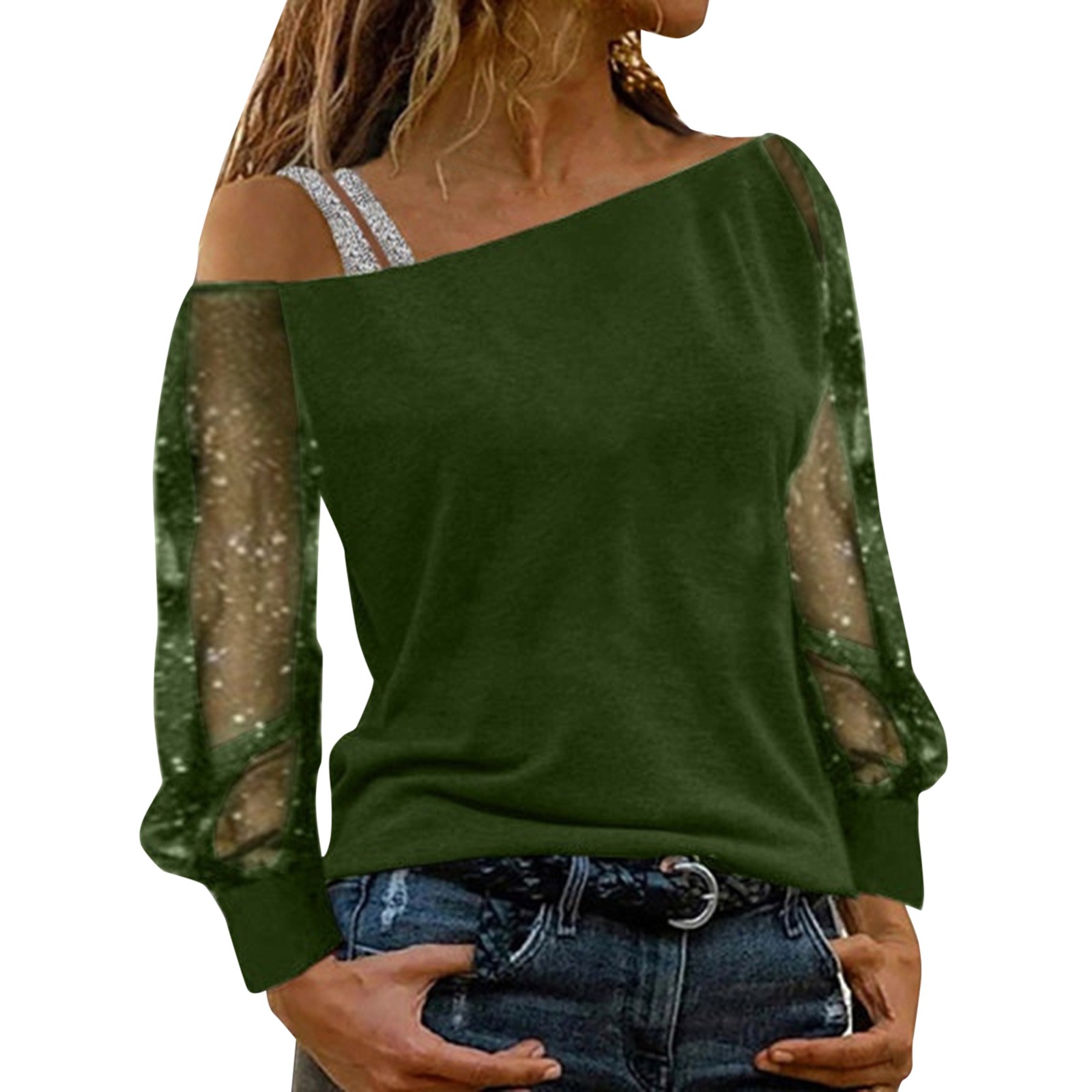 thumbnail image 1 of Top sexy de manga larga con hombros descubiertos para mujer - Diseño con lentejuelas y pedrería - Blusa informal para fiestas de otoño/invierno (S-XXL), 1 of 8